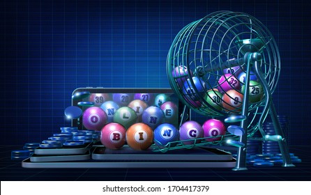 Gambling concept image suggesting the idea of playing online bingo games using apps on mobile devices. 3D Rendered illustration showing wireframe style computer generated bingo game elements