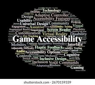 Game Accessibility Word Cloud. Composition Of Terms Related To Inclusive Gaming, Assistive Tools, Design Innovation, Disability Inclusion, And Playability For All Players.