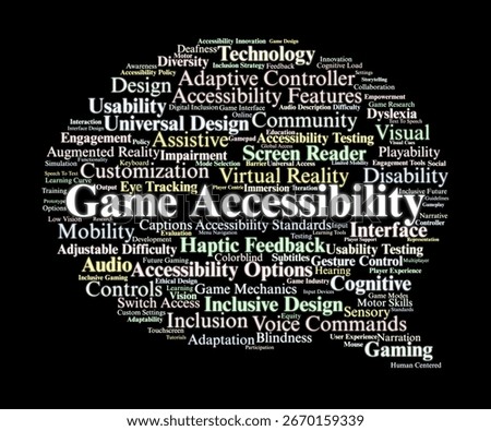 Game Accessibility Word Cloud. Composition Of Terms Related To Inclusive Gaming, Assistive Tools, Design Innovation, Disability Inclusion, And Playability For All Players.