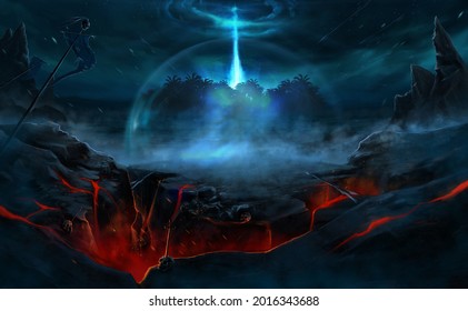 Game Background. Portal On The Island At Night. Digital Graphics.