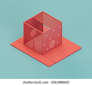 A Game Cage With Ropes And Climbing Wall. Isometric Red Color Playground Object For Physical And Mental Development Of Children. Monochrome Single Color, 3d Rendering. No People.