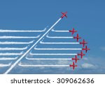 Game changer business or political change concept and disruptive innovation symbol and be an independent thinker with new ideas as an individual jet breaking through a group of airplane smoke.
