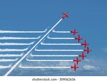 Game changer business or political change concept and disruptive innovation symbol and be an independent thinker with new ideas as an individual jet breaking through a group of airplane smoke.