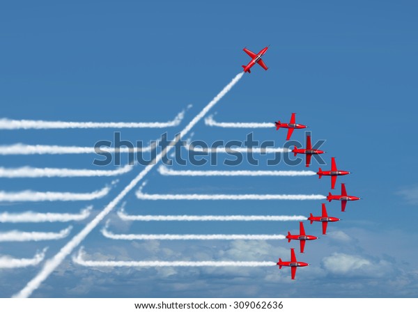Game changer business or political change concept\
and disruptive innovation symbol and be an independent thinker with\
new ideas as an individual jet breaking through a group of airplane\
smoke.