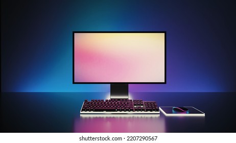 Game Computer Desktop With Blue Lights Background, Modern PC Computer Mockup, Gaming Keyboard. 3d Rendering Illustration