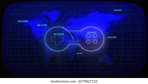 Game controller and coordinates image over world map with blue grid. Gaming, technology, global, digital, electronics, interactive