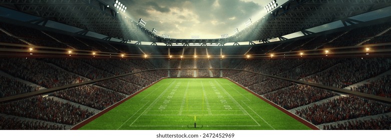 Game Day Atmosphere. Wide angle view on 3D football stadium during match, with stands packed with fans. Open air game. Concept of professional sport, event, tournament, game, championship - Powered by Shutterstock