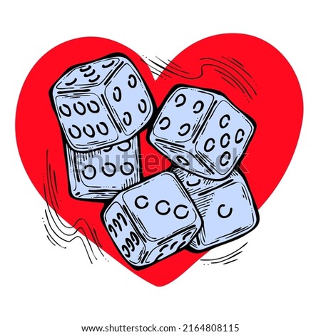 Game dice to try your luck, fortune. Risky funny activity, casino, bet, gambling, addiction, win or lose. Love and flirt play. Hand drawing vintage colorful illustration. Comic cartoon style drawing.