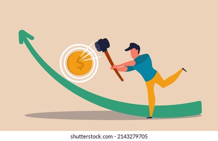 Game High With Coin And Strength Hammer. Market Meter And Striker Test Strong Illustration Concept. Man Win On Carnival And Business Entertainment Investment. Dollar Measurement Economic Graph