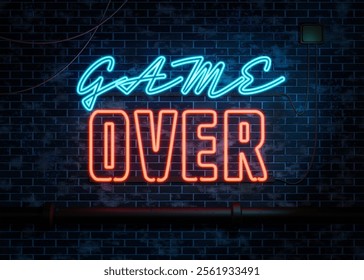 Game Over, illuminated neon sign against a old brick wall. with cables and a tube. Night life, symbol, event, alcohol, entertainement, letters glowing in glue and orange. 3D illustration