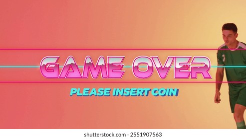 Game over and please insert coin image over man running on gradient background. Gaming, retro, arcade, pixel art, runner, colorful