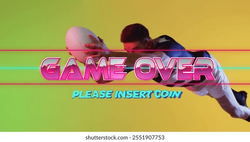 Game over please insert coin image over man in colorful background. Arcade, gaming, retro, vintage, neon, pixel