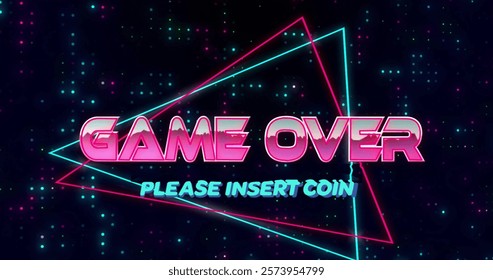 Game Over and Please Insert Coin text image over neon geometric shapes. Retro, arcade, typography, gaming, pixel art, 80s
