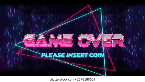Game Over and Please Insert Coin text over neon geometric shapes and rain image. Retro, arcade, neon lights, gaming, 80s, background
