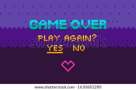 Game over and question of play again, yes or no choosing link, finish level page in purple color, pixelated graphic of final video-game, interface raster, 8 bit pixel text