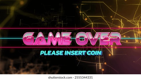 Game Over text image over abstract digital background with Please Insert Coin message. Gaming, retro, pixel, nostalgia, arcade, overlay