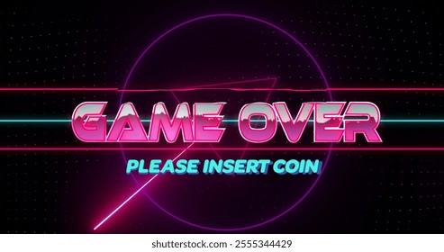 Game over text image with Please Insert Coin over neon geometric shapes. Retro, arcade, gaming, vintage, image game, 80s