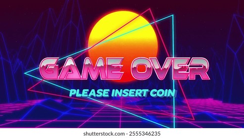 Game Over text and please insert coin over retro neon grid and sunset image. Gaming, arcade, 80s, nostalgia, pixel, digital