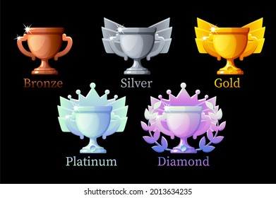 Game Rank awards cup, gold, silver, platinum, bronze, diamond cups 6 steps animation for game. Set of different luxury reward, design improvements. Similar JPG copy