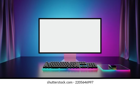 Game Room Computer Desktop With Blue Purple Lights On The Background And Curtain, Modern PC Computer White Screen Mockup, Gaming Keyboard. 3d Rendering Illustration