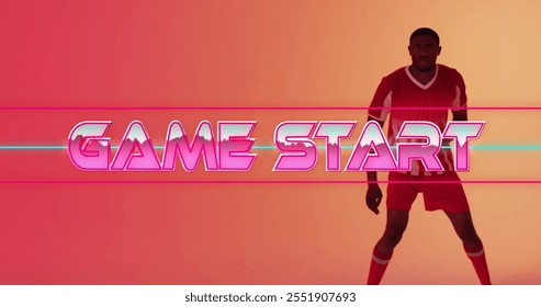 Game start text image over athlete in red and white uniform. Sport, starting, typography, digital, dynamic, energetic