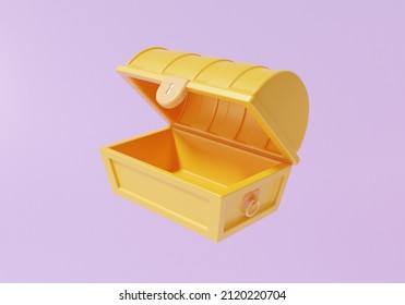 Game Treasure Box Coffer Concept. Chest Gold Open Icon On Purple Background. Cartoon Minimal Cute Smooth. 3d Render Illustration