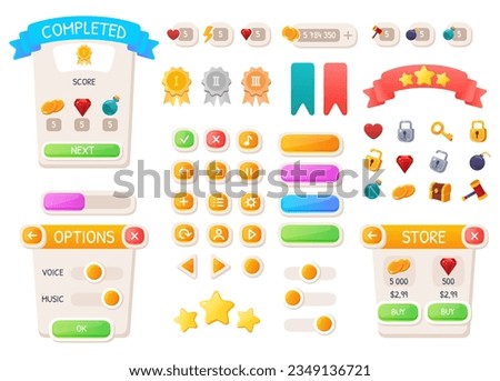 Game UI buttons. Mobile application or game interface elements. Cartoon colorful design. Progress bar, panel and indicators. Video gaming menu kit. Isolated medals and prizes