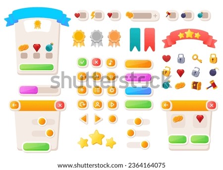 Game UI buttons. Mobile application or game interface elements. Cartoon colorful design. Progress bar, panel and indicators. Video gaming menu kit. Isolated medals and prizes
