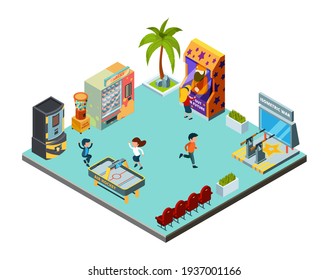 Game Zone Concept. Game Center, Kids Room With Playing Game Machines Arcade Simulator Racer Hockey Shooting Range Isometric Location