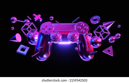 Gamepad with abstract geometric 
elements on dark background. 3d rendering illustration.