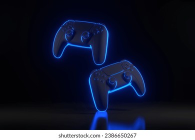 Gamepad with bright glowing futuristic blue neon lights on black background. Joystick for video game. Game controller. 3D render illustration