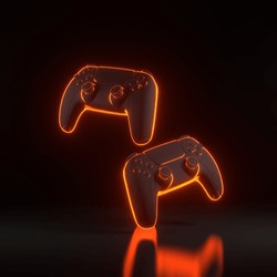 Gamepad With Bright Glowing Futuristic Orange Neon Lights On Black Background. Joystick For Video Game. Game Controller. 3D Render Illustration