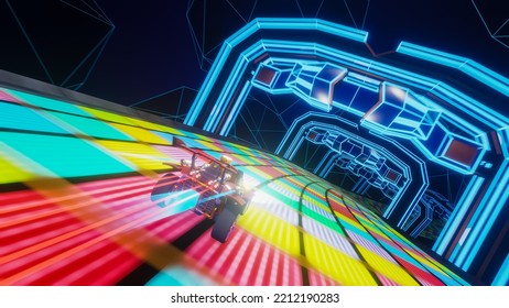 Gameplay Concept of an Off-Road Racing Video Game in Futuristic Sci-Fi Fantasy Space. Computer Generated 3D Render of Fast Car Driving and Drifting on Neon Track. VFX Illustration. Third-Person View.