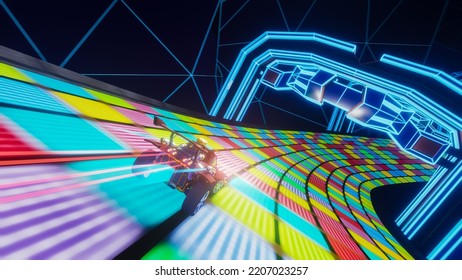 Gameplay of an Off-Road Racing Video Game in Futuristic Sci-Fi Fantasy Space. Computer Generated 3D Render of Car Driving Fast and Drifting on Futuristic Road. VFX Illustration. Third-Person View.