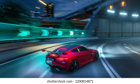 Gameplay of a Racing Simulator Video Game with Interface. Computer Generated 3D Render of Car Driving Fast and Drifting on a Night Highway in a Futuristic Big City. VFX on Image. Third-Person View.