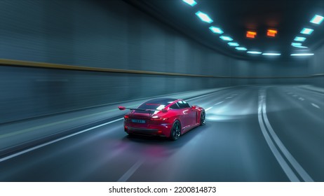 Gameplay Of A Racing Simulator Video Game With Interface. Computer Generated 3D Render Of Car Driving Fast And Drifting On A Night Highway In A Futuristic City. VFX On Image. Third-Person View.