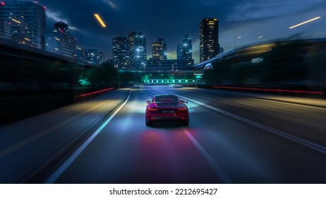 Gameplay of a Racing Simulator Video Game with Interface. Computer Generated 3D Render of Car Driving Fast and Drifting on a Night Highway in a Futuristic City. VFX on Image. Third-Person View. - Powered by Shutterstock - Get 15% off with code: PIKWIZARD15