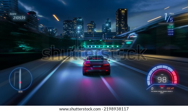 Gameplay of a Racing Simulator Video Game with\
Interface. Computer Generated 3D Car Driving Fast and Drifting on a\
Night Hignway in a Modern Megapolis City. VFX Image Edit.\
Third-Person\
View.