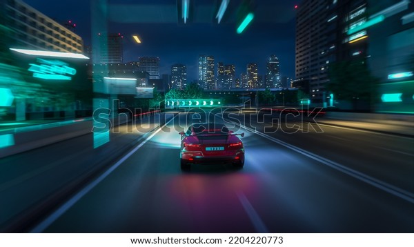 Gameplay of a Racing Simulator Video Game with\
Interface. Computer Generated 3D Render of Car Driving Fast and\
Drifting on a Night Highway in a Futuristic Modern City. VFX on\
Image. Third-Person\
View.