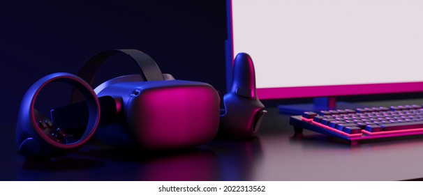 Gamer Computer Desk, Virtual Reality Goggles With Joy Sticks, Computer Gaming With Blank Screen Mockup, Neon Light, Neon Keyboard, Dark Workspace, 3d Rendering, 3d Illustration