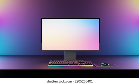 Gamer Computer Desktop With RGB Lights On The Background, Modern PC Computer White Screen Mockup, Gaming Keyboard. 3d Rendering Illustration