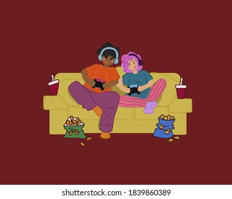 Gamer Couple Having A Game Night. Date Night According To Gamer Couple Stay At Home And Chill And Play Games. Gamer Couple Illustration.