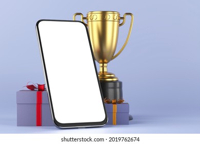 Games On A Mobile Phone. Smartphone, Winner Cup And Gift Wrapping. First Place Award. White Screen Smartphone Mockup For Your Game Design. 3d Render.