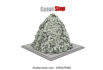 Gamestop retail company logo and a mountain of money - 3D rendering. GameStop's stock soars as small traders from a Reddit group team up against big institutions. Warsaw, Poland - January 30 2021