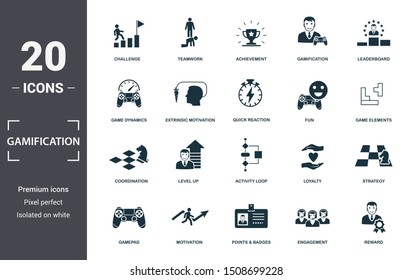 Gamification Icon Set. Contain Filled Flat Game Dynamics, Achievement, Game Elements, Points And Badges, Leaderboards, Activity Loop, Level Up Icons. Editable Format.