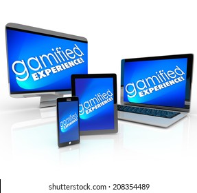 Gamified Experience Words On A Computer Desktop, Laptop, Tablet And Smart Phone Promoting Gamification Education Or Marketing Campaigns