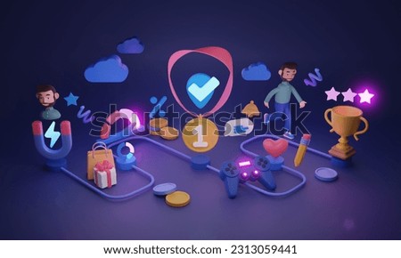 Gamified loyalty program with participant personalized rewards 3D illustration. Marketing engagement strategy with benefits and prizes for user motivation. Get points and gifts for. 3D Illustration