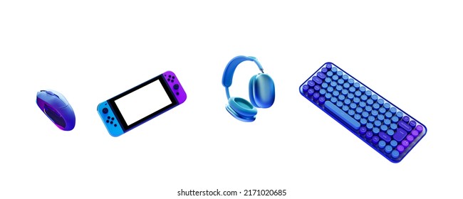 Gaming Accessories For Gamers, Isolated On A White Background. Portable Game Console, Mouse, Headphones And Keyboard. Gamer Gears And Gadgets 3D