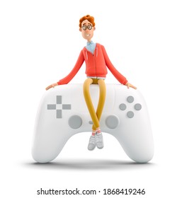 Gaming concept. Nerd Larry with gamepad . 3d illustration.