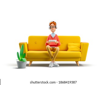 Gaming concept. Nerd Larry playing video games while sitting in sofa . 3d illustration.